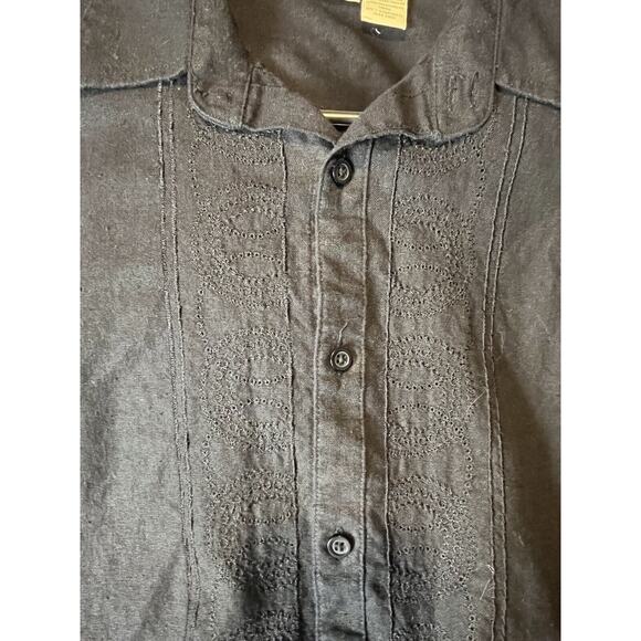 Black Long Sleeve Rayon Linen Embroidered L Mens - Picture 3 of 6
